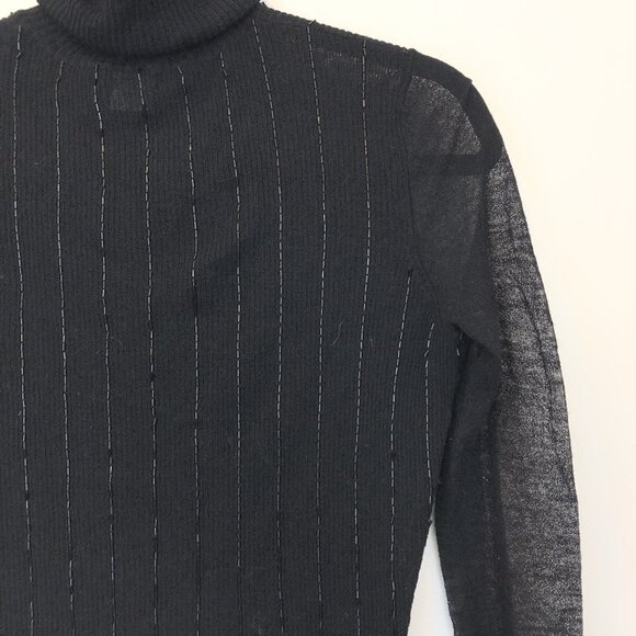 Magaschoni Black Ribbed Turtleneck Sweater Beaded Stripes Semi-Sheer Size S - Picture 8 of 9